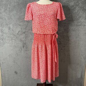Floral Midi Dress Womens‎ XL Red Smocked Drop Waist Side Tie 90s